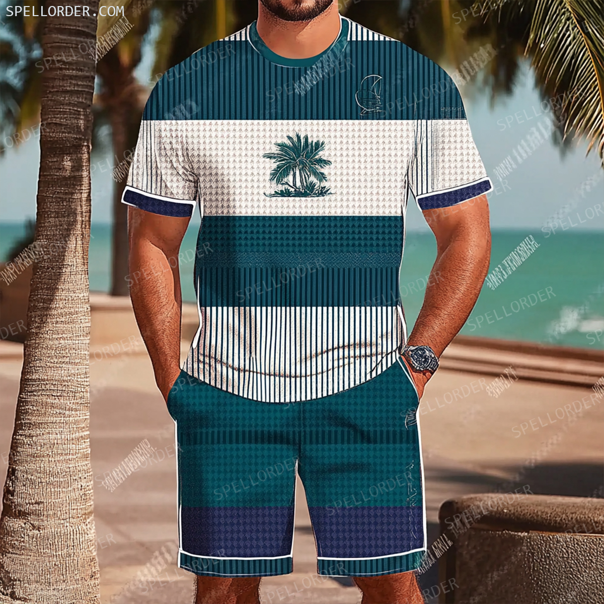 Men's Luxury Premium Round Neck Jacquard Texture Print Shorts Set 