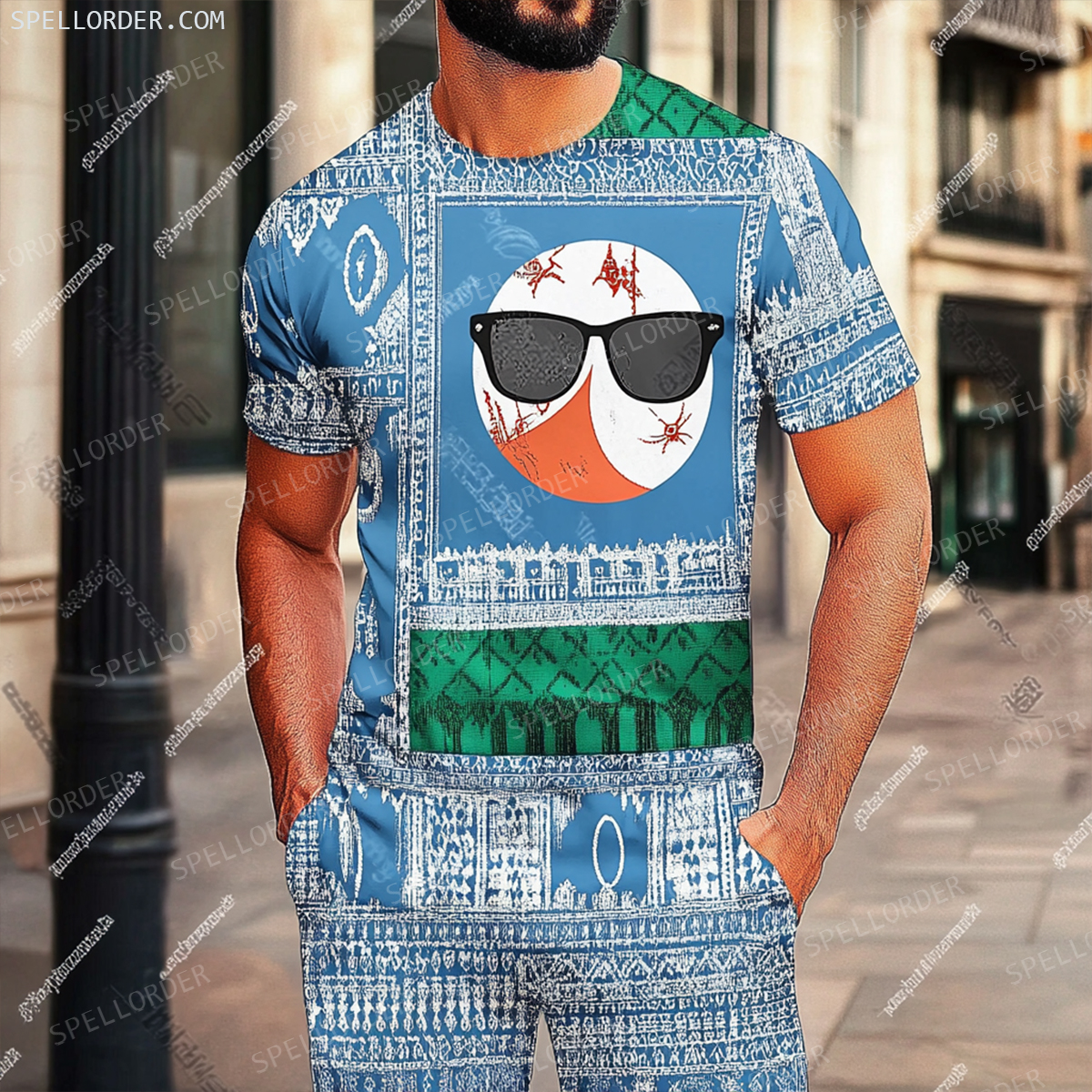 Men's Luxury Premium Round Neck Jacquard Texture Print Shorts Set 