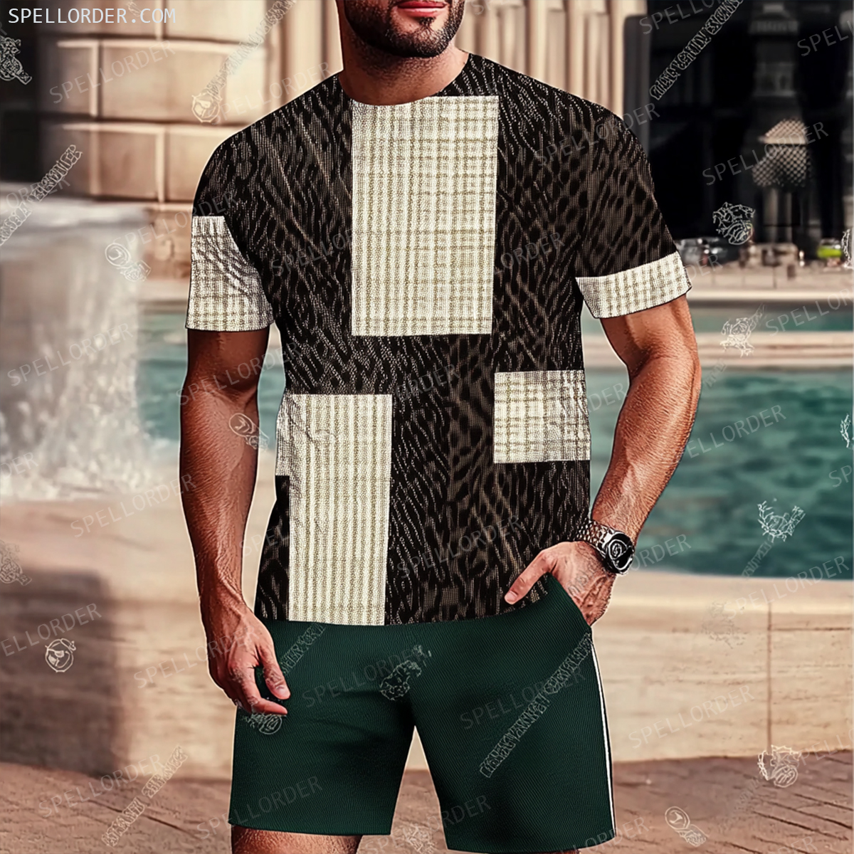 Men's Luxury Premium Round Neck Jacquard Texture Print Shorts Set 