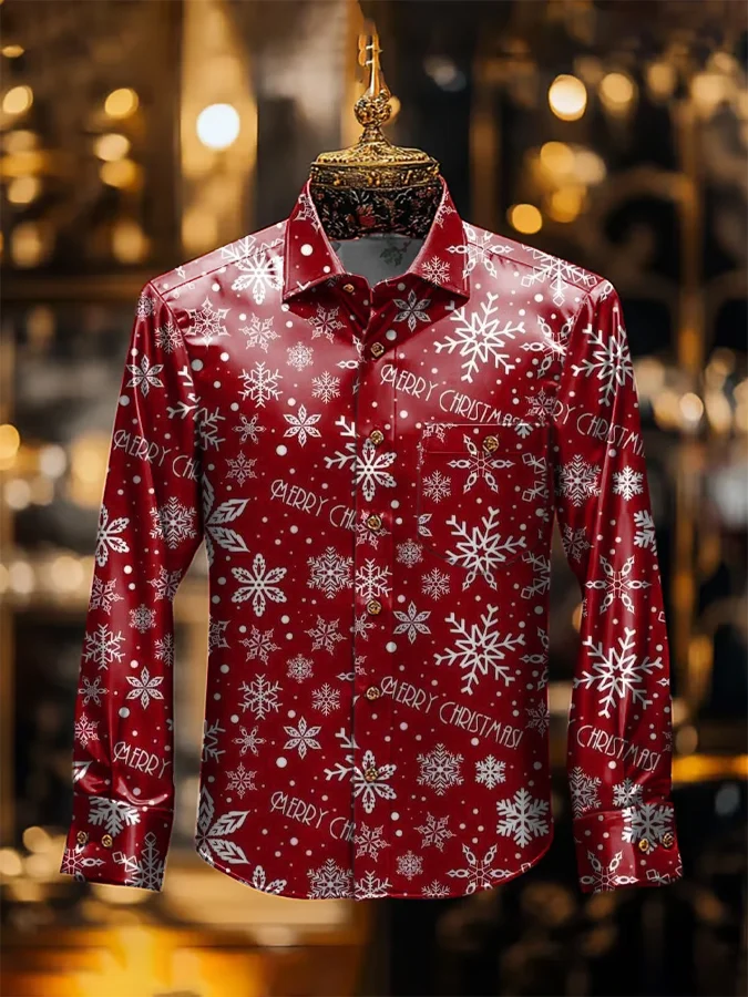 Men's Christmas Satin Luxe Long Sleeve Button Down Shirt