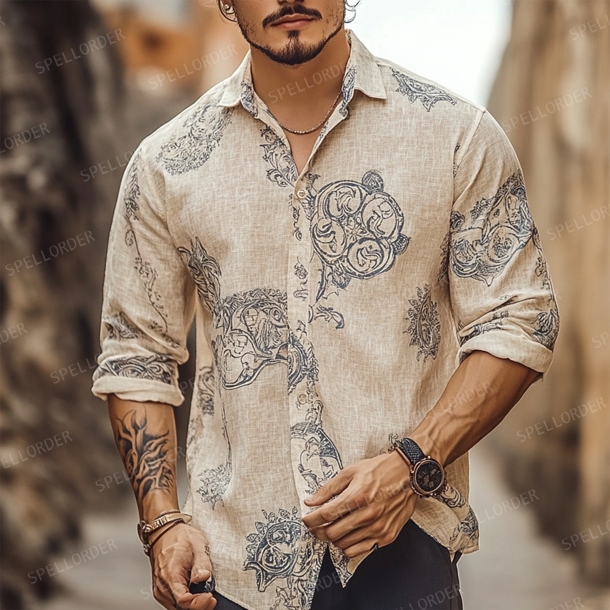 Men's Spring Button Up Shirt Linen Cotton Long Sleeve Shirt