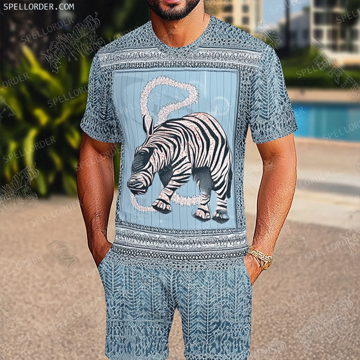 Men's Luxury Premium Round Neck Jacquard Texture Print Shorts Set 