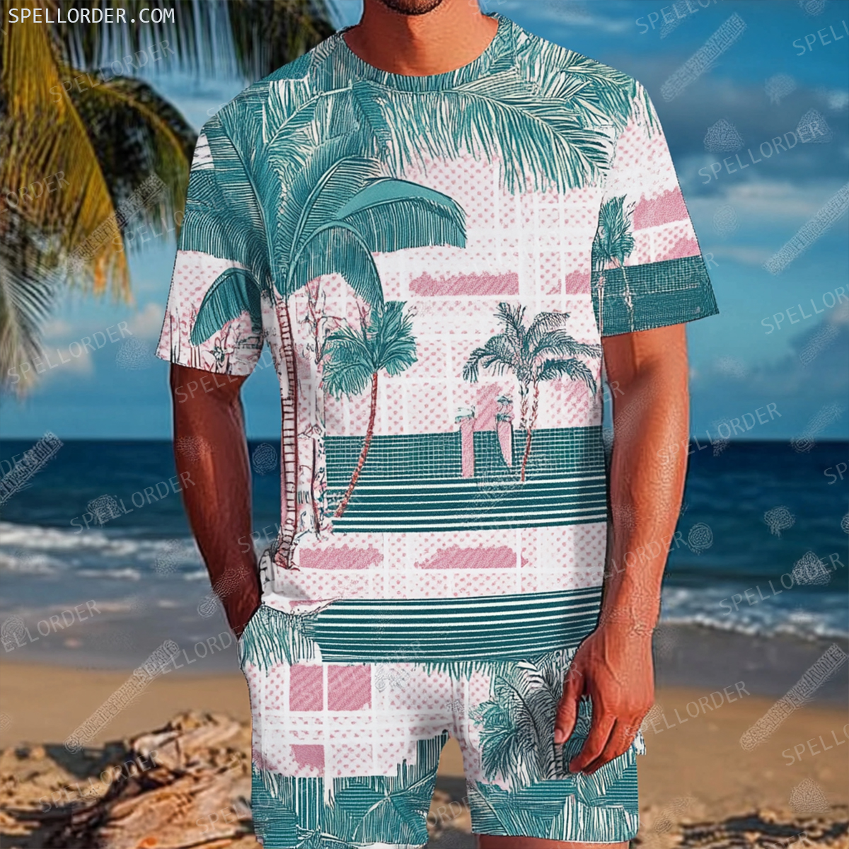 Men's Luxury Premium Round Neck Jacquard Texture Print Shorts Set 