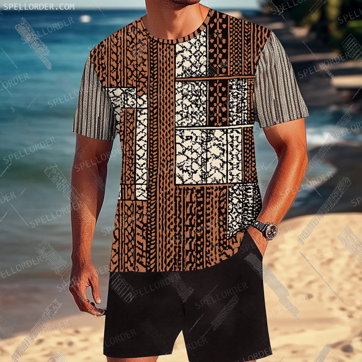 Men's Luxury Premium Round Neck Jacquard Texture Print Shorts Set 