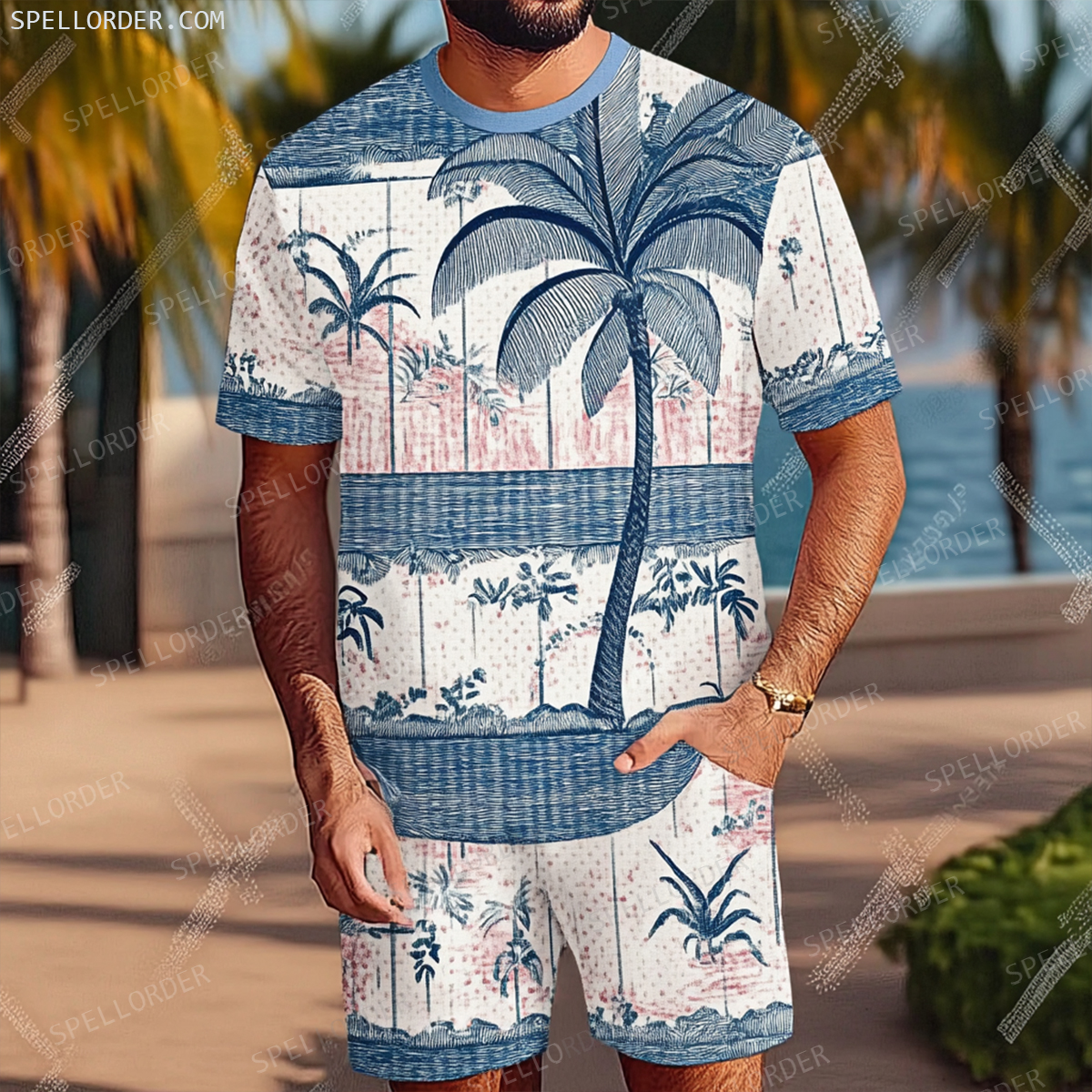 Men's Luxury Premium Round Neck Jacquard Texture Print Shorts Set 