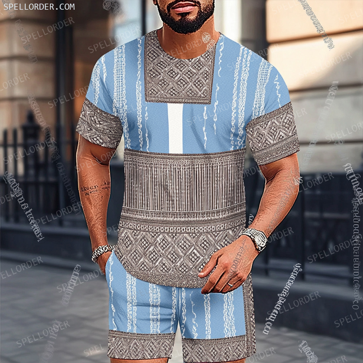 Men's Luxury Premium Round Neck Jacquard Texture Print Shorts Set 