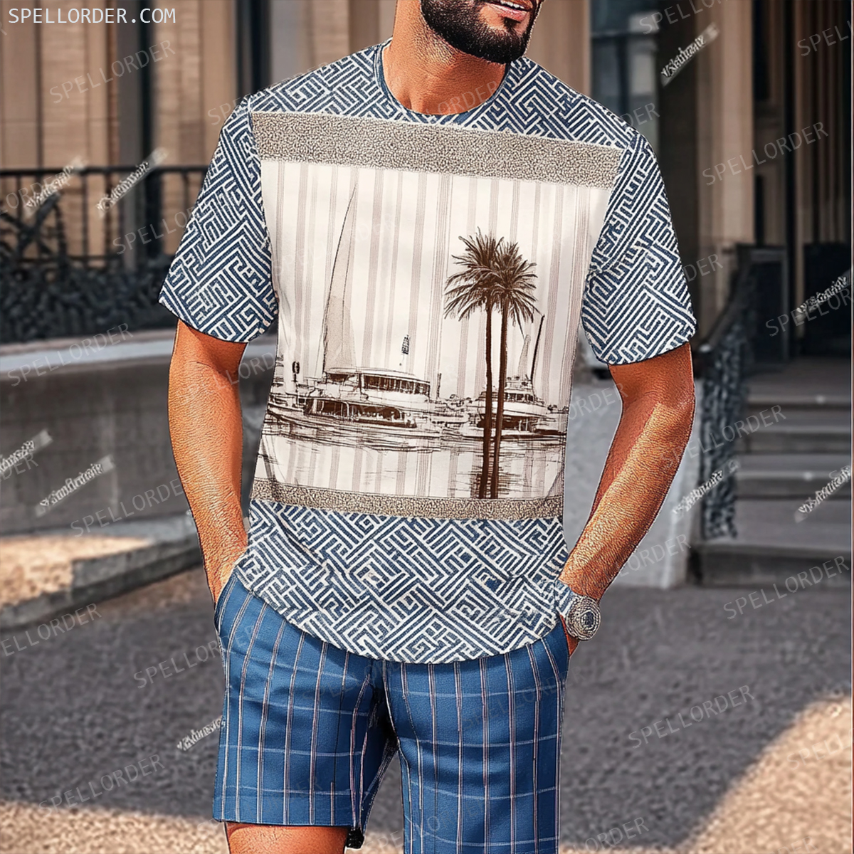 Men's Luxury Premium Round Neck Jacquard Texture Print Shorts Set 