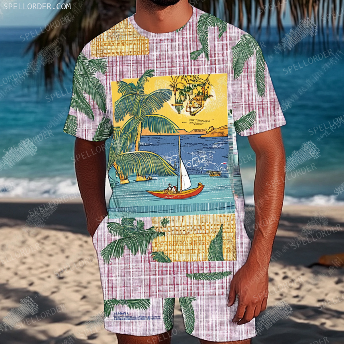 Men's Luxury Premium Round Neck Jacquard Texture Print Shorts Set 