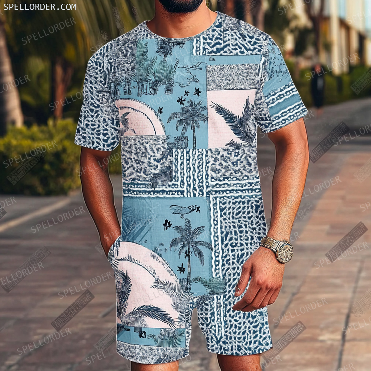 Men's Luxury Premium Round Neck Jacquard Texture Print Shorts Set 