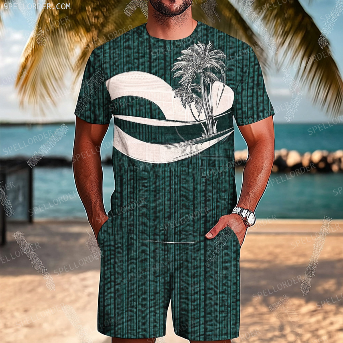 Men's Luxury Premium Round Neck Jacquard Texture Print Shorts Set 