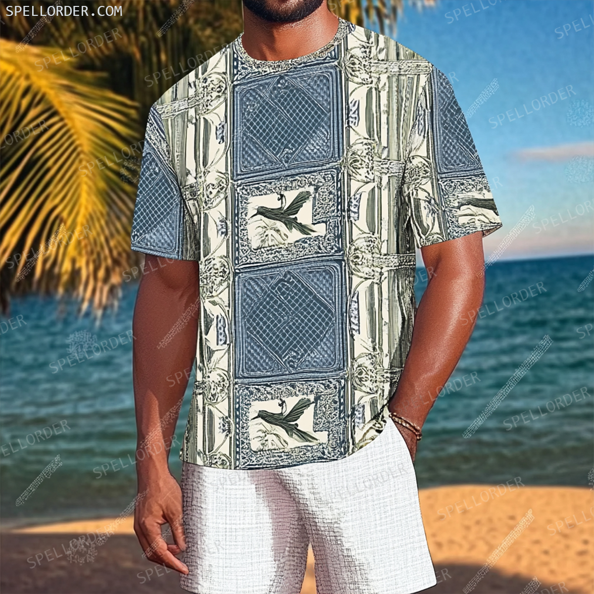 Men's Luxury Premium Round Neck Jacquard Texture Print Shorts Set 