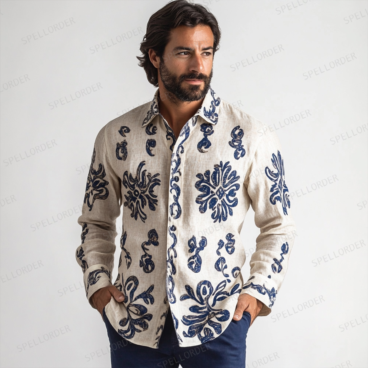 Men's Spring Button Up Shirt Linen Cotton Long Sleeve Shirt