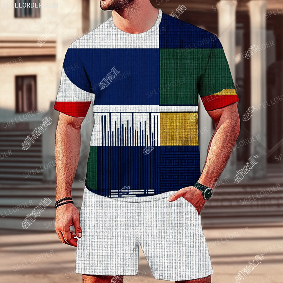 Men's Luxury Premium Round Neck Jacquard Texture Print Shorts Set 