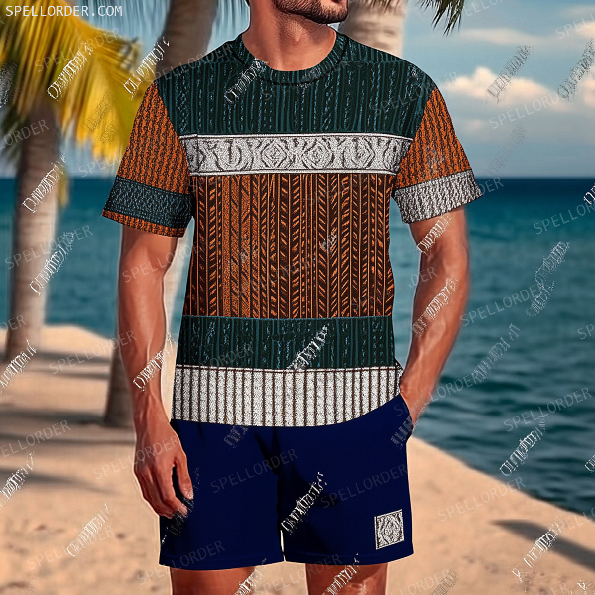 Men's Luxury Premium Round Neck Jacquard Texture Print Shorts Set 