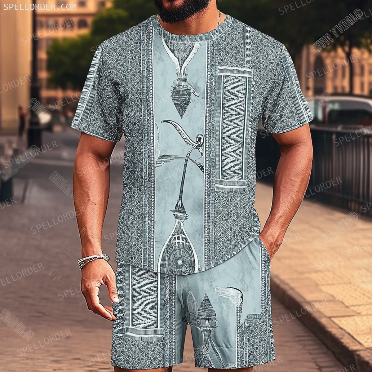 Men's Luxury Premium Round Neck Jacquard Texture Print Shorts Set 