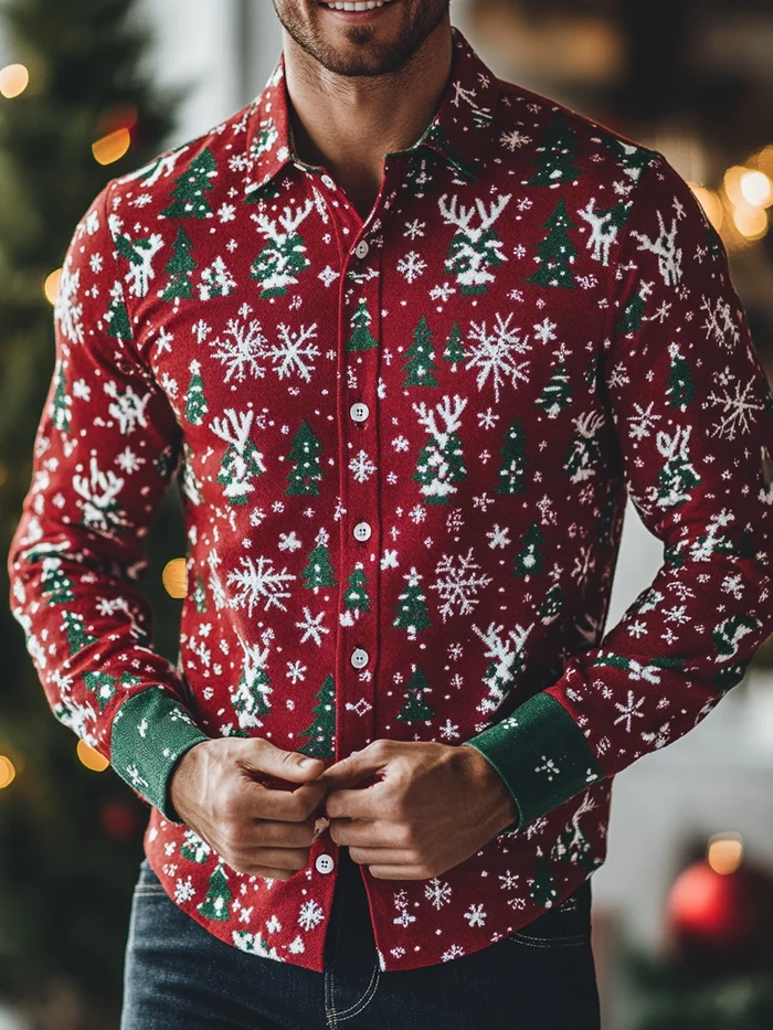 Men's Christmas Satin Luxe Long Sleeve Button Down Shirt