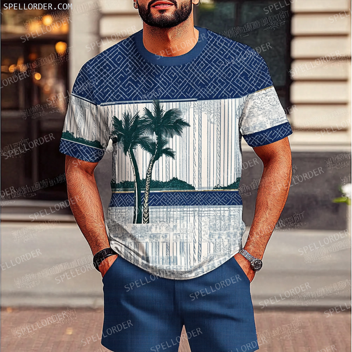 Men's Luxury Premium Round Neck Jacquard Texture Print Shorts Set 