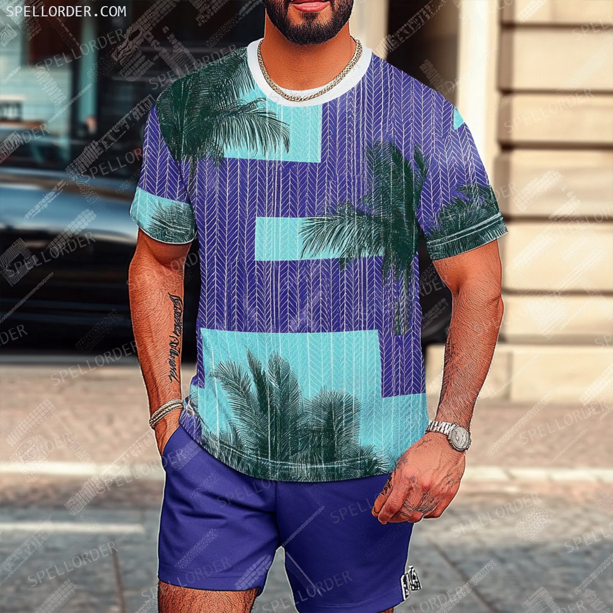 Men's Luxury Premium Round Neck Jacquard Texture Print Shorts Set 