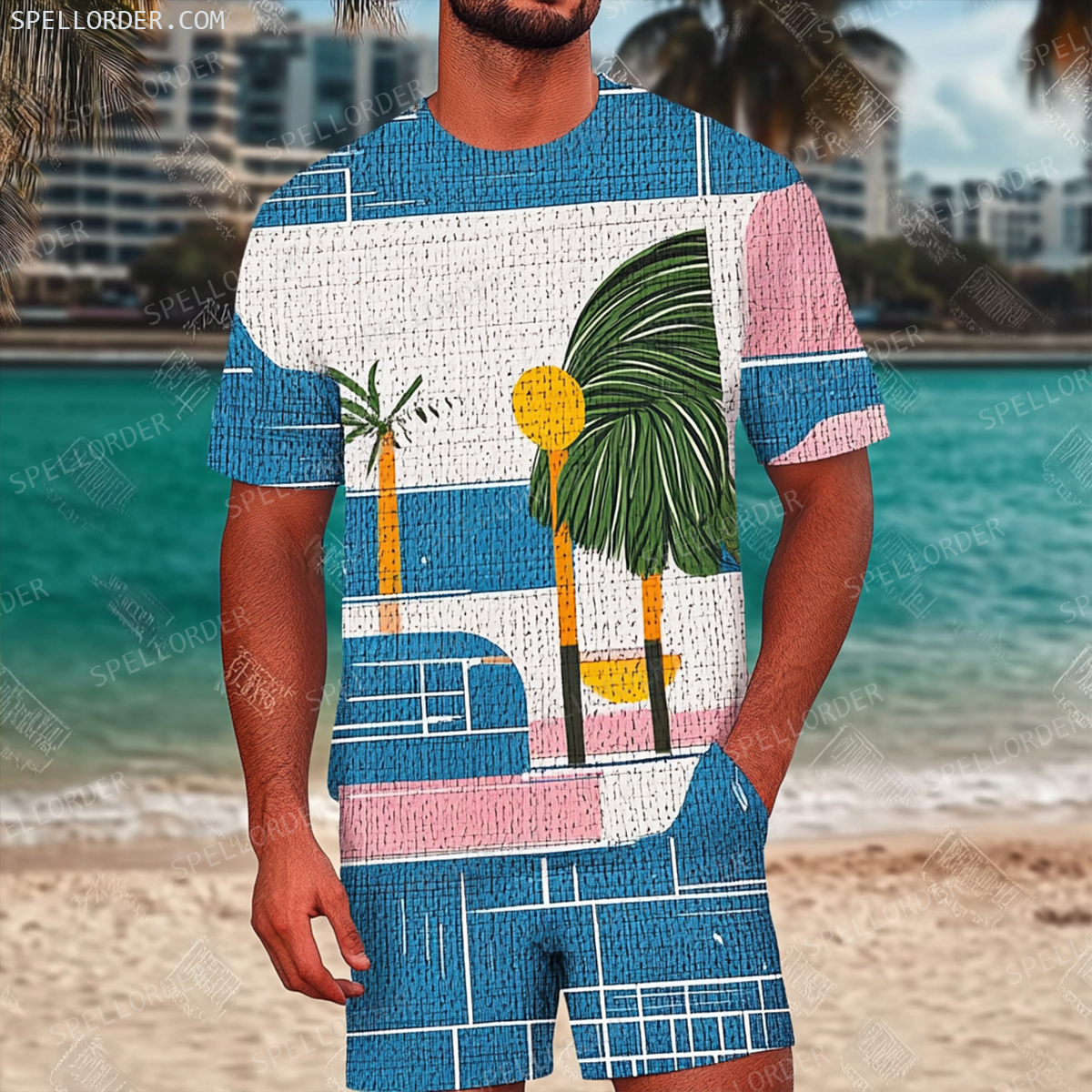 Men's Luxury Premium Round Neck Jacquard Texture Print Shorts Set 