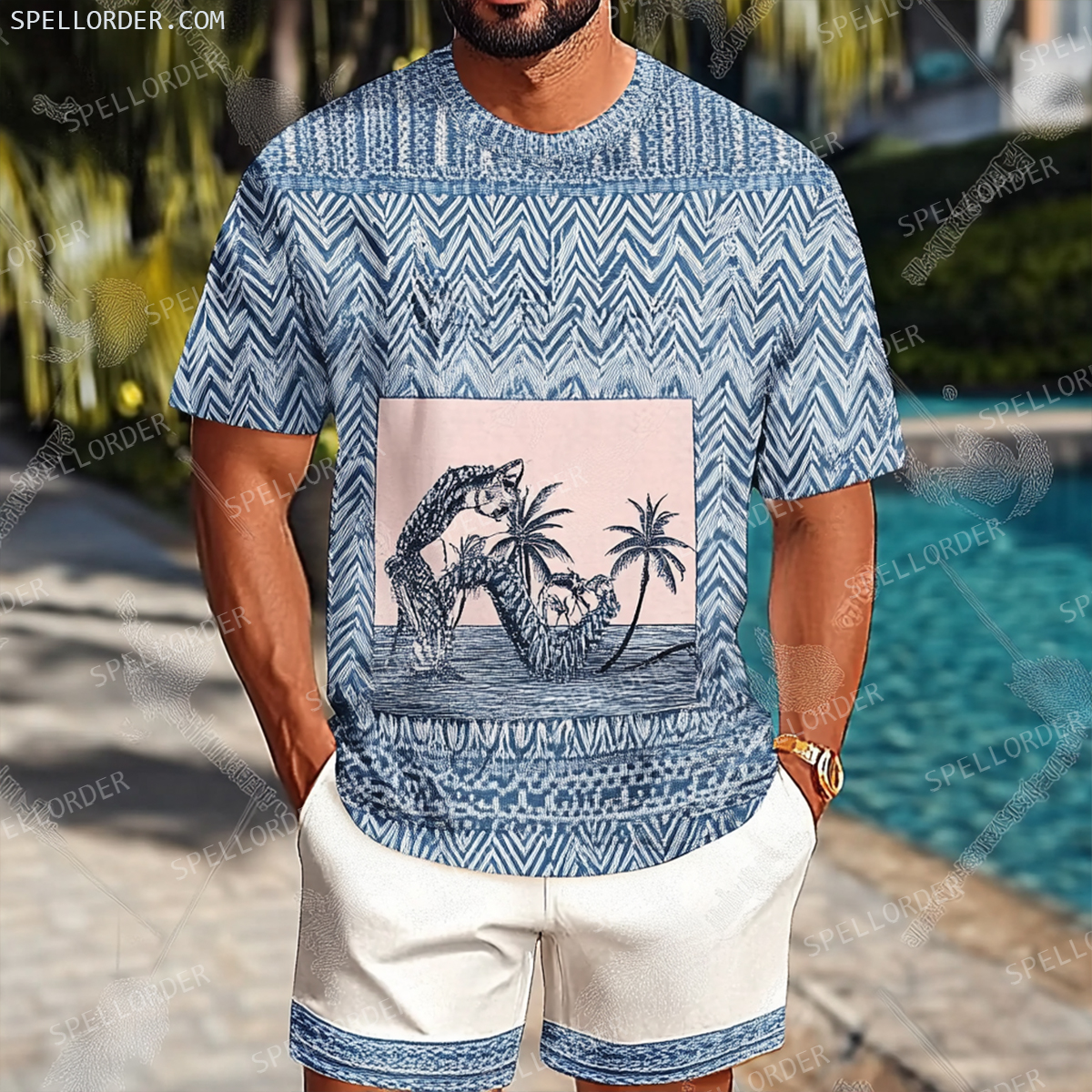 Men's Luxury Premium Round Neck Jacquard Texture Print Shorts Set 
