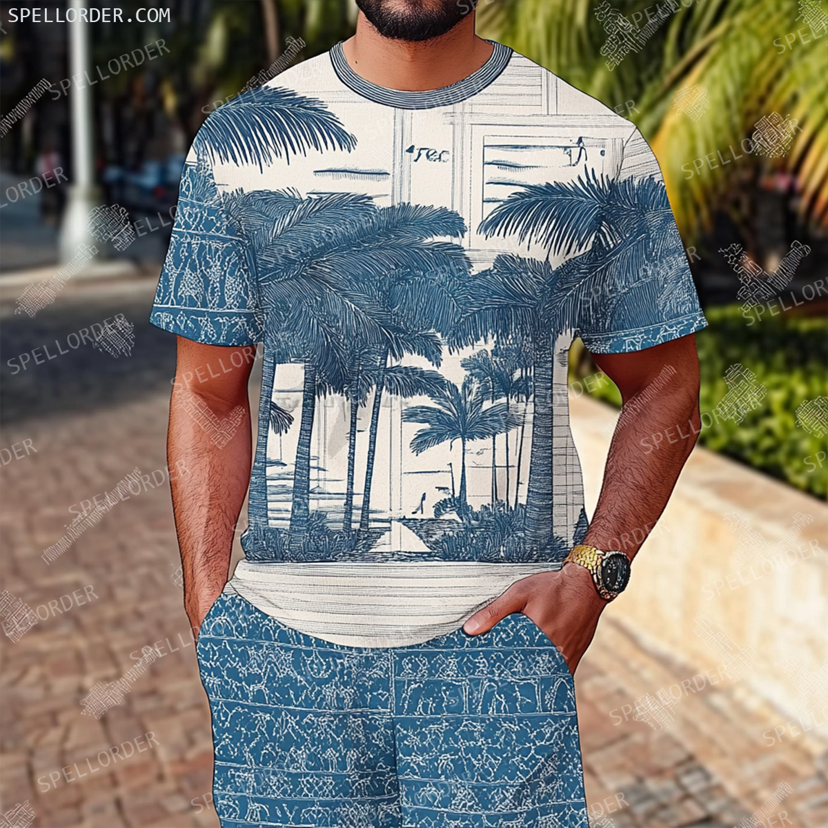 Men's Luxury Premium Round Neck Jacquard Texture Print Shorts Set 