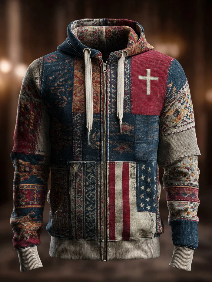 Men's Vintage Casual Faith American Flag Zip Hoodie