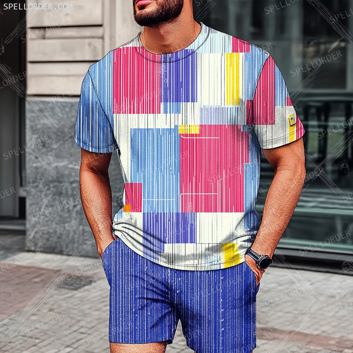 Men's Luxury Premium Round Neck Jacquard Texture Print Shorts Set 