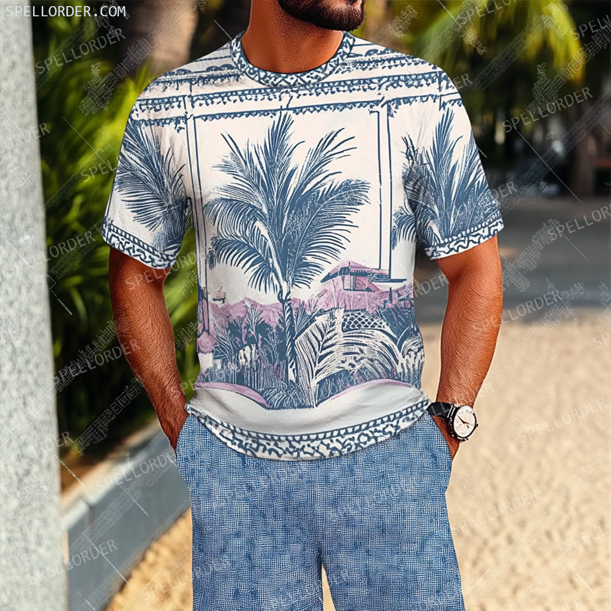 Men's Luxury Premium Round Neck Jacquard Texture Print Shorts Set 