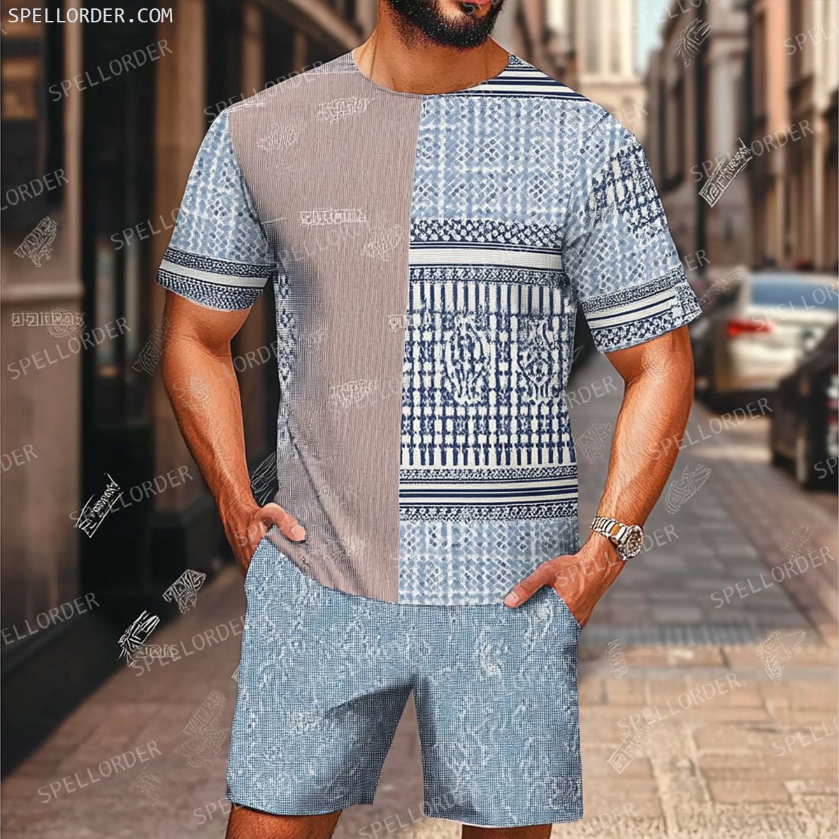 Men's Luxury Premium Round Neck Jacquard Texture Print Shorts Set 