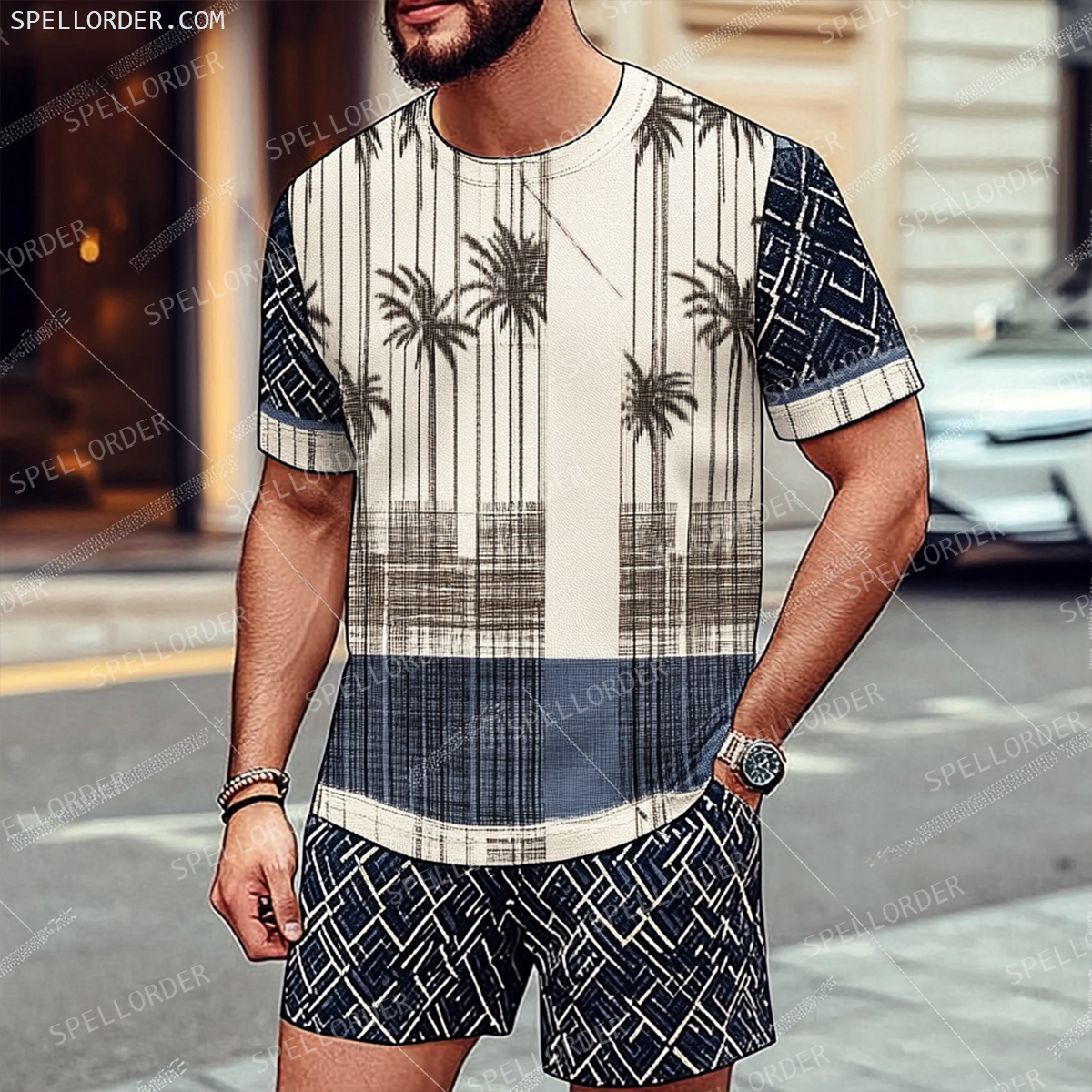 Men's Luxury Premium Round Neck Jacquard Texture Print Shorts Set 