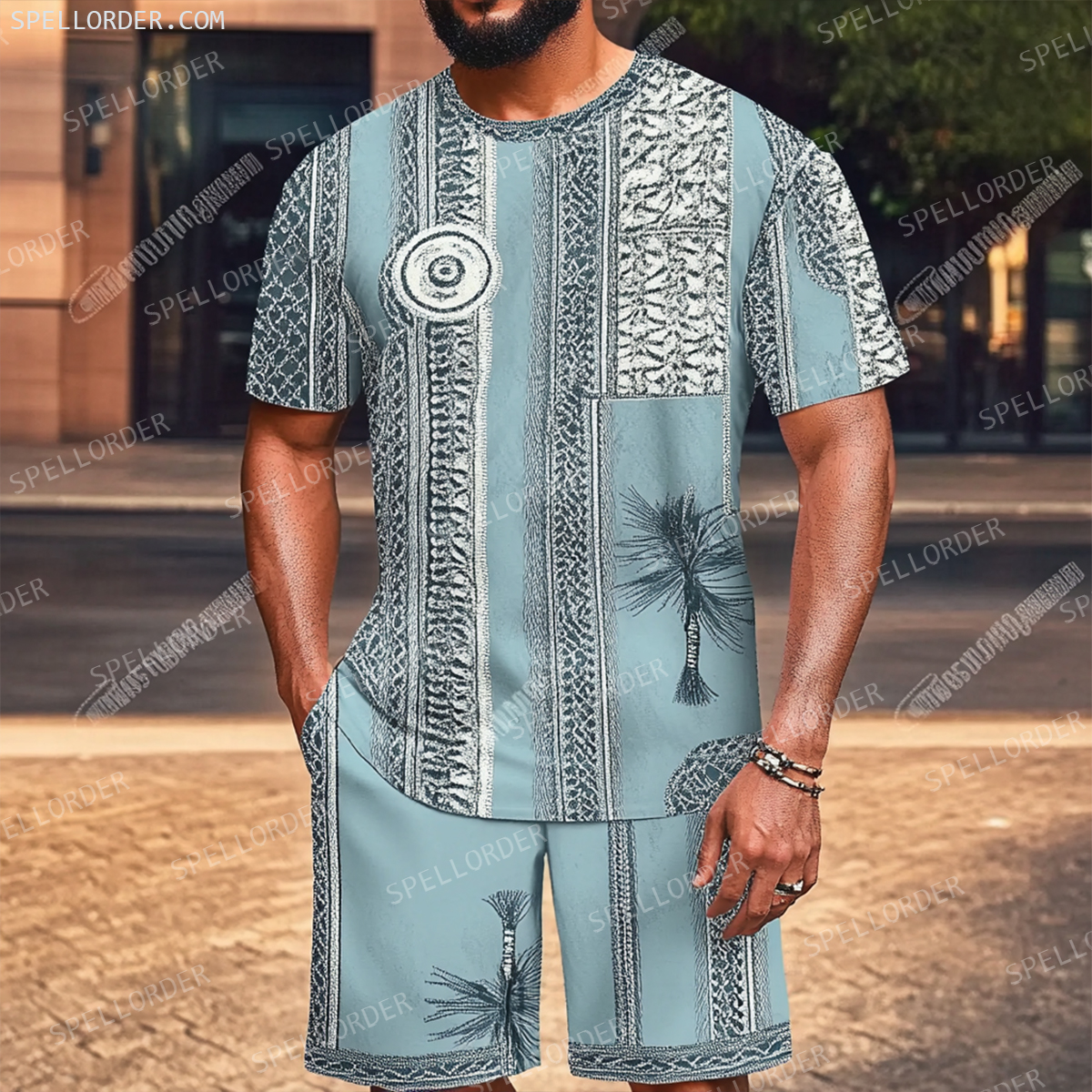 Men's Luxury Premium Round Neck Jacquard Texture Print Shorts Set 