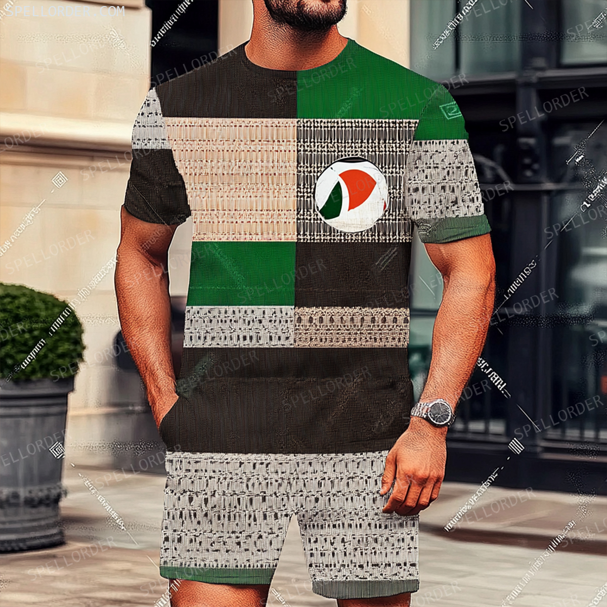 Men's Luxury Premium Round Neck Jacquard Texture Print Shorts Set 