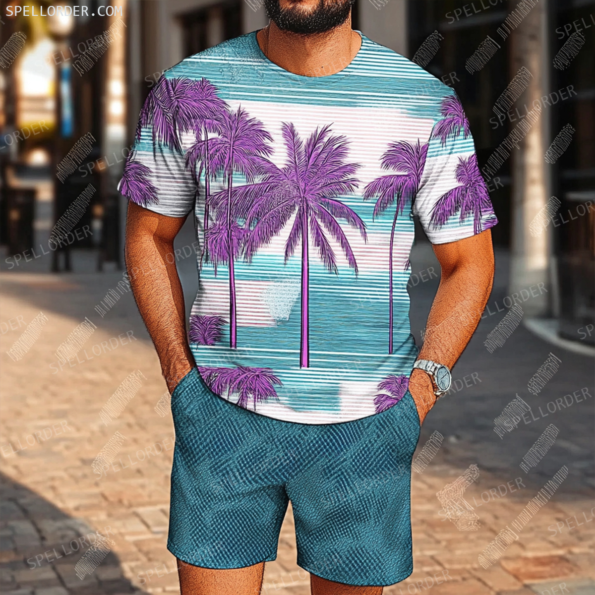 Men's Luxury Premium Round Neck Jacquard Texture Print Shorts Set 