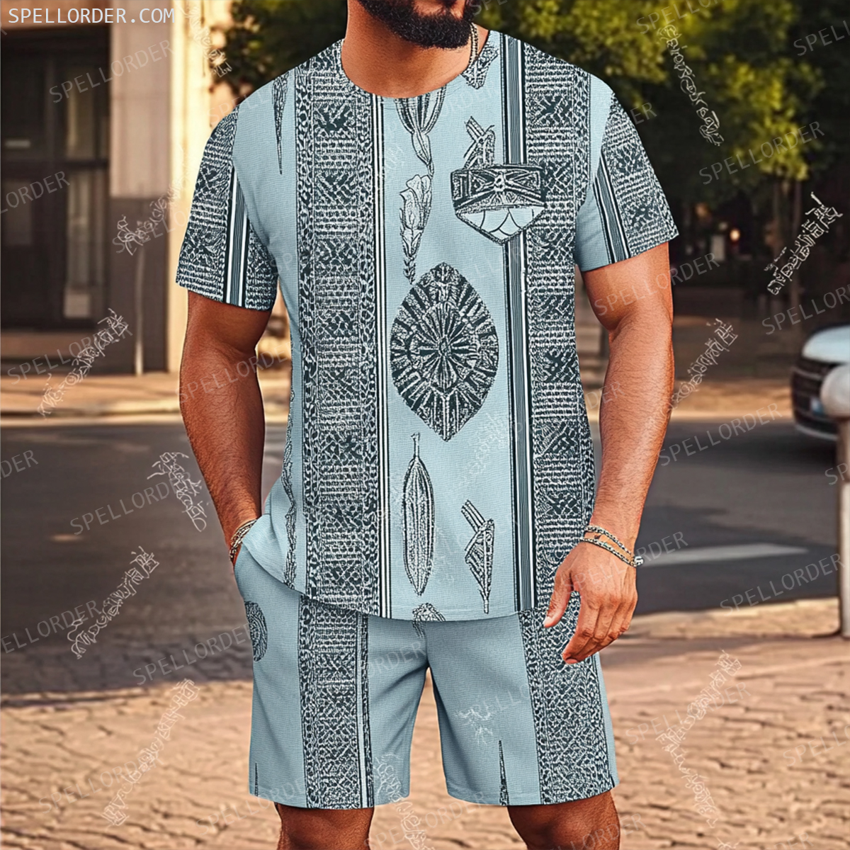 Men's Luxury Premium Round Neck Jacquard Texture Print Shorts Set 