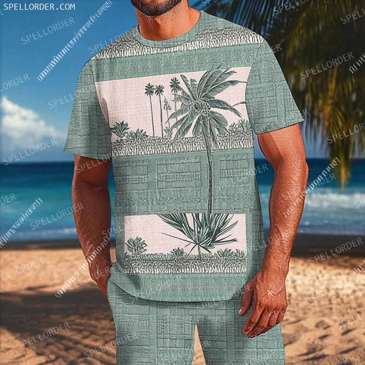 Men's Luxury Premium Round Neck Jacquard Texture Print Shorts Set 