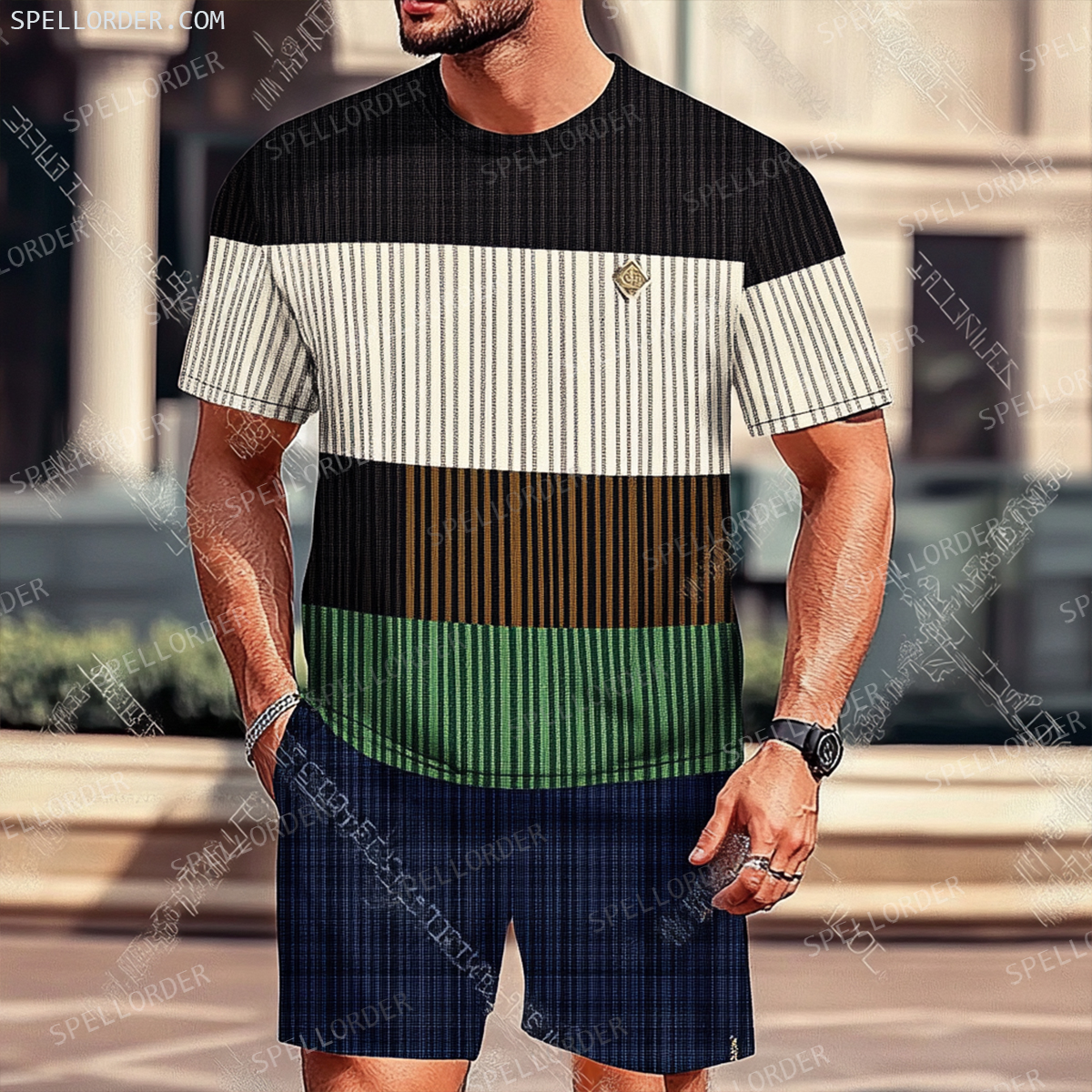 Men's Luxury Premium Round Neck Jacquard Texture Print Shorts Set 