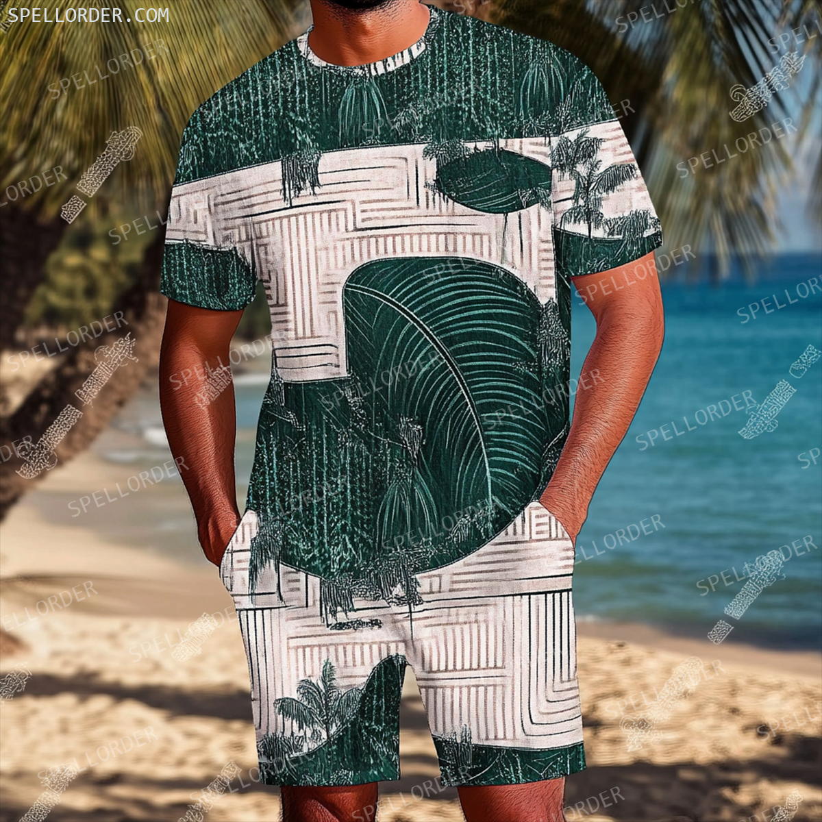 Men's Luxury Premium Round Neck Jacquard Texture Print Shorts Set 