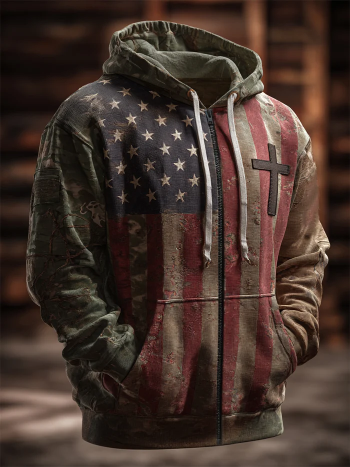 Men's Vintage Casual Faith American Flag Zip Hoodie