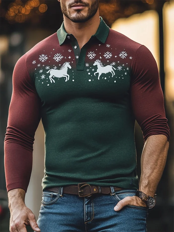 Men's Christmas  Print Casual Long Sleeve Polo T-Shirt