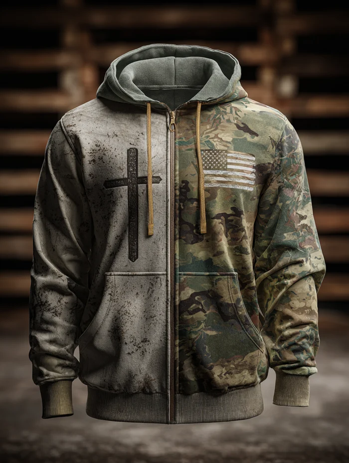 Men's Vintage Casual Faith American Flag Zip Hoodie