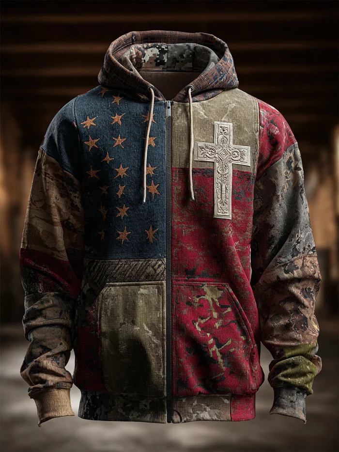 Men's Vintage Casual Faith American Flag Zip Hoodie
