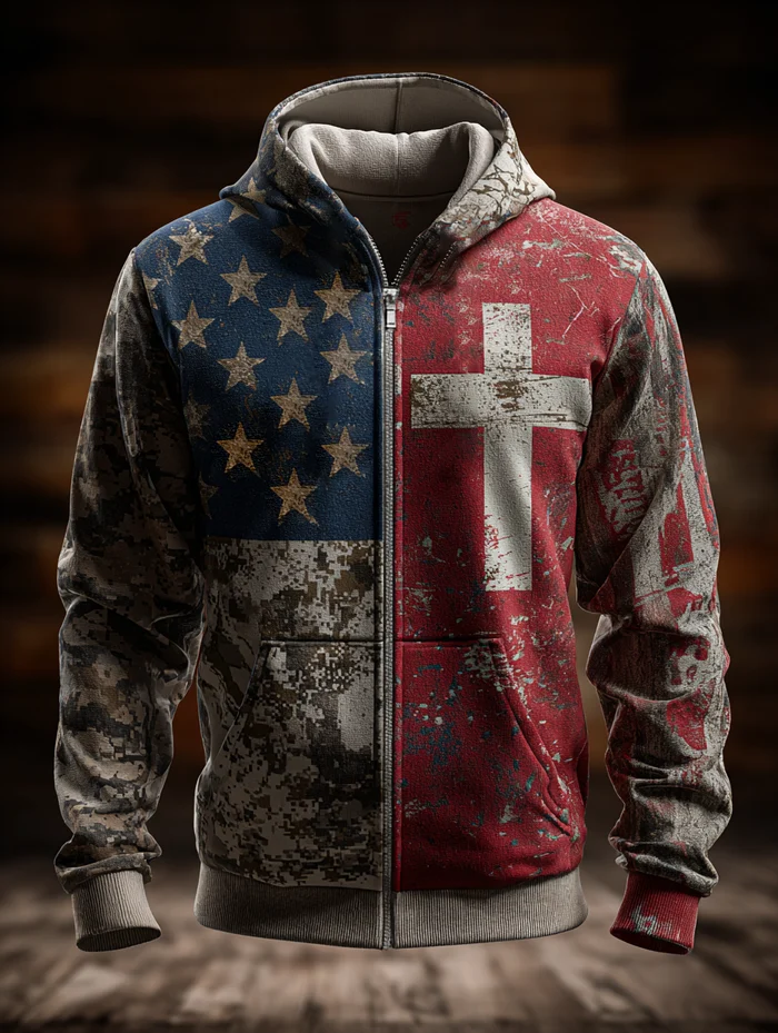 Men's Vintage Casual Faith American Flag Zip Hoodie