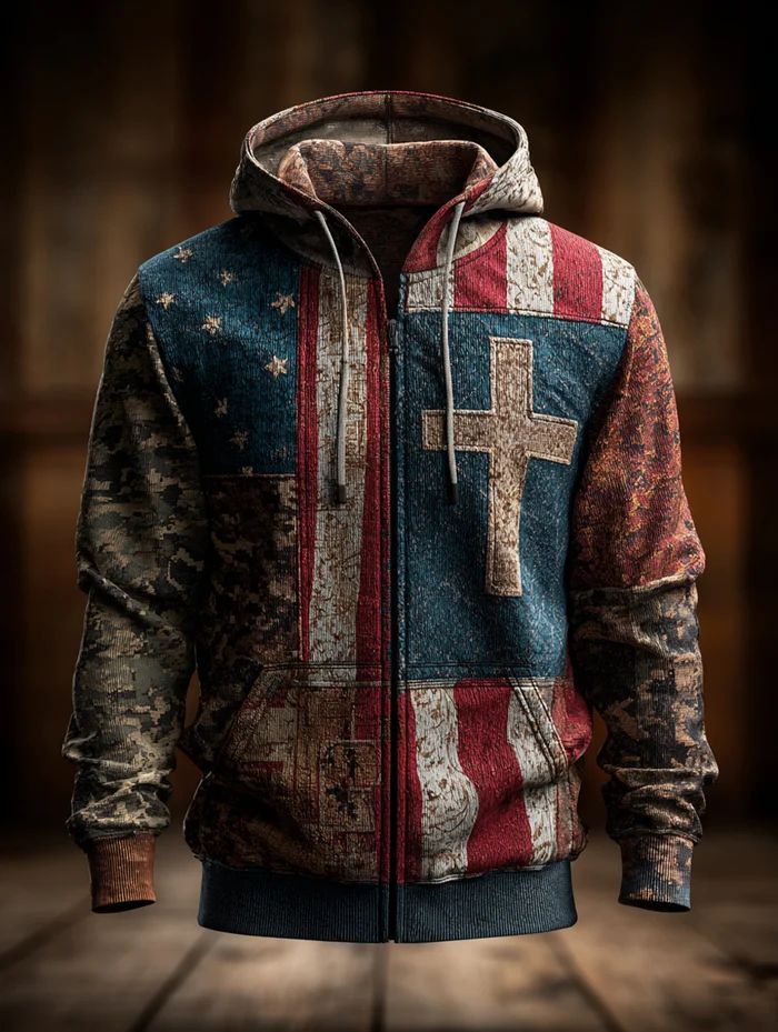 Men's Vintage Casual Faith American Flag Zip Hoodie