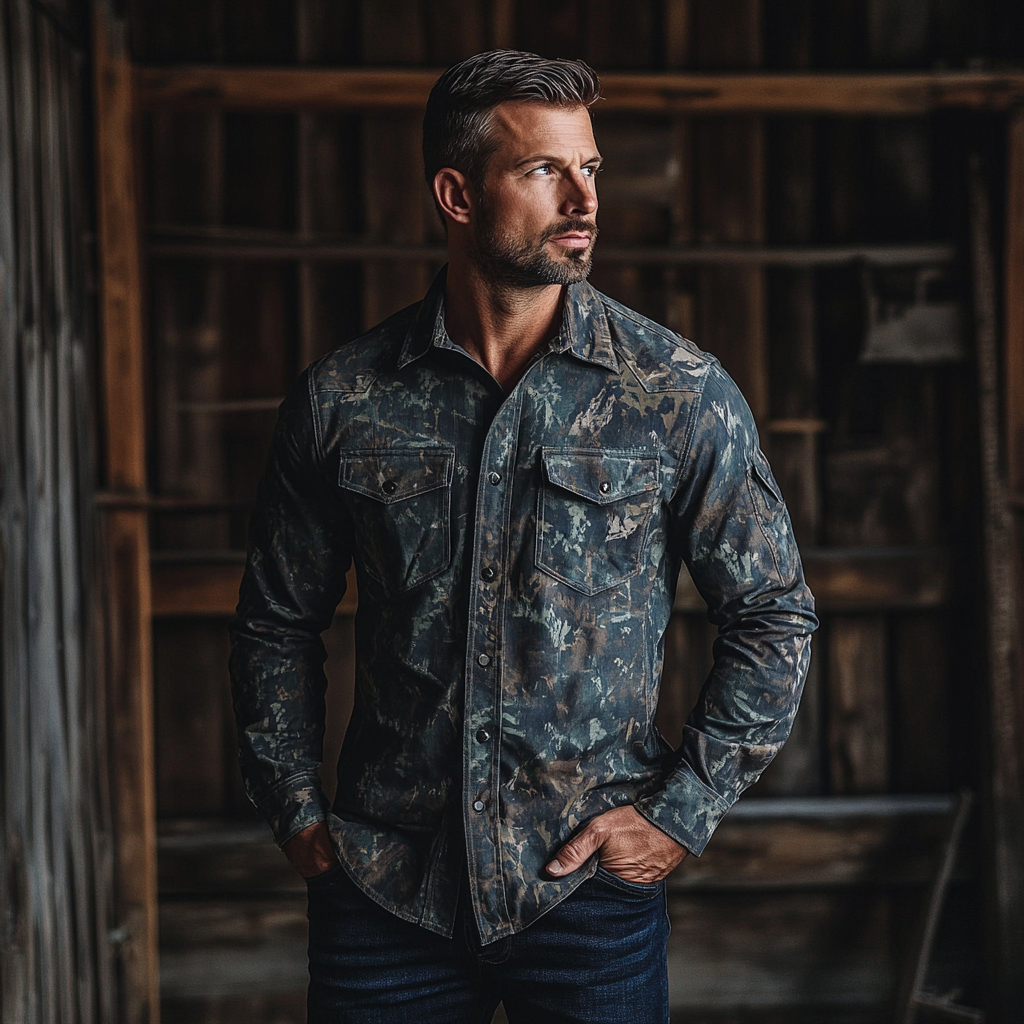 Classic High-end Printed Retro Men's Long Sleeved Shirt Breathable Wrinkle-resistant For Outdoor Leisure 100% Cotton