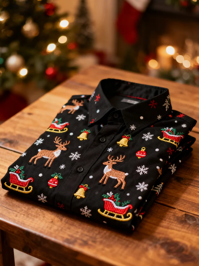 Men's Christmas Satin Luxe Long Sleeve Button Down Shirt