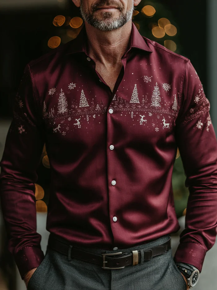 Men's Christmas Satin Luxe Long Sleeve Button Down Shirt