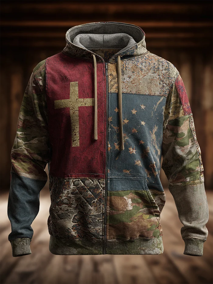 Men's Vintage Casual Faith American Flag Zip Hoodie