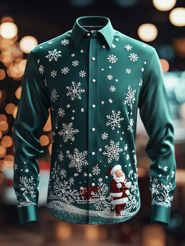 Men's Christmas Satin Luxe Long Sleeve Button Down Shirt