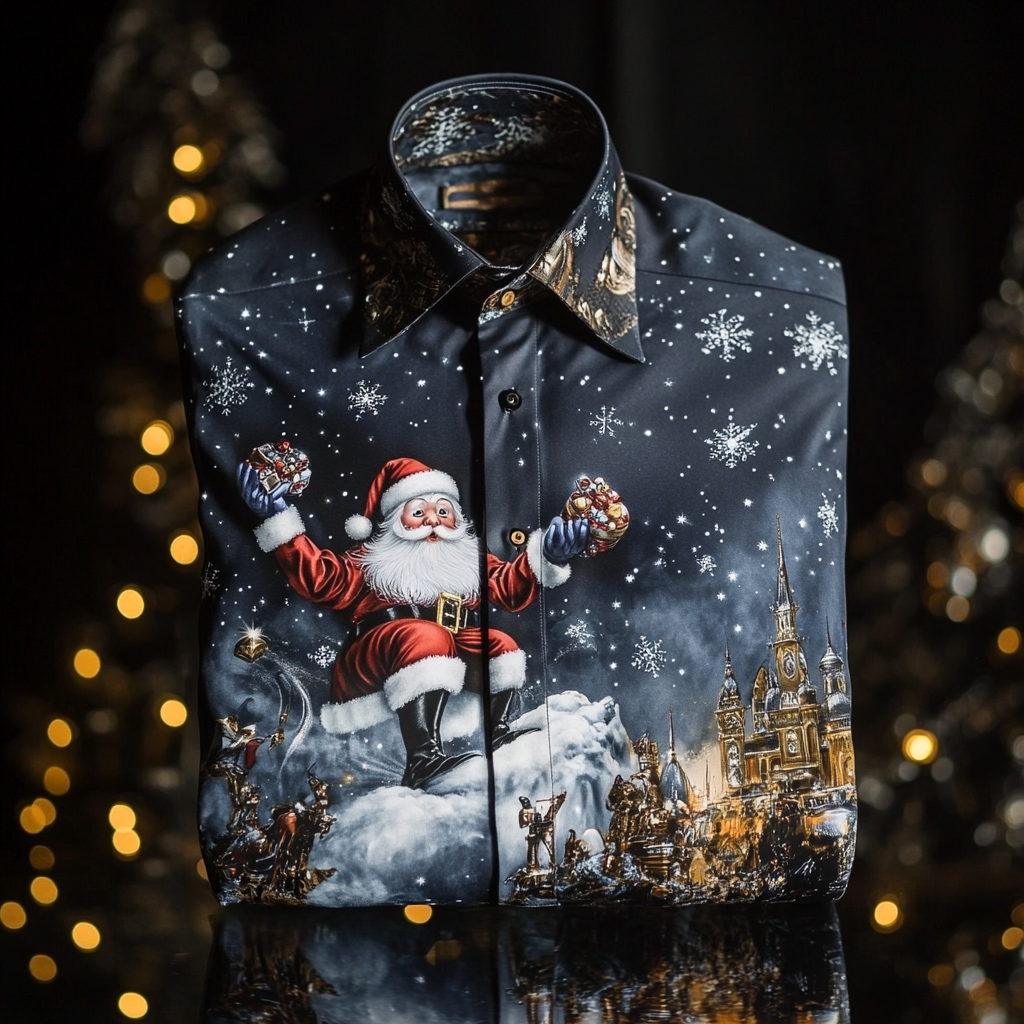 Christmas Premium Craftsman Collection Beautifully Patterned Men's Luxury Silk Long Sleeve Shirt 