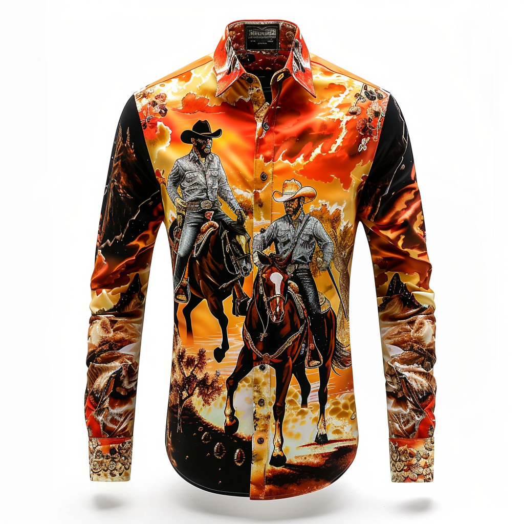 Men Luxury Western Styles printed Premium High Elasticity Long Sleeve Shirt 